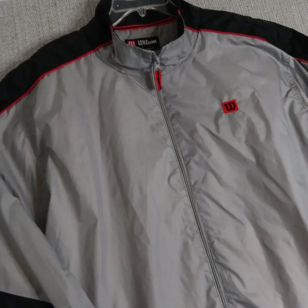 Wilson Vintage Windbreaker Jacket‎ Mens XL Gray/Black Nylon Logo Tennis Y2K Zip